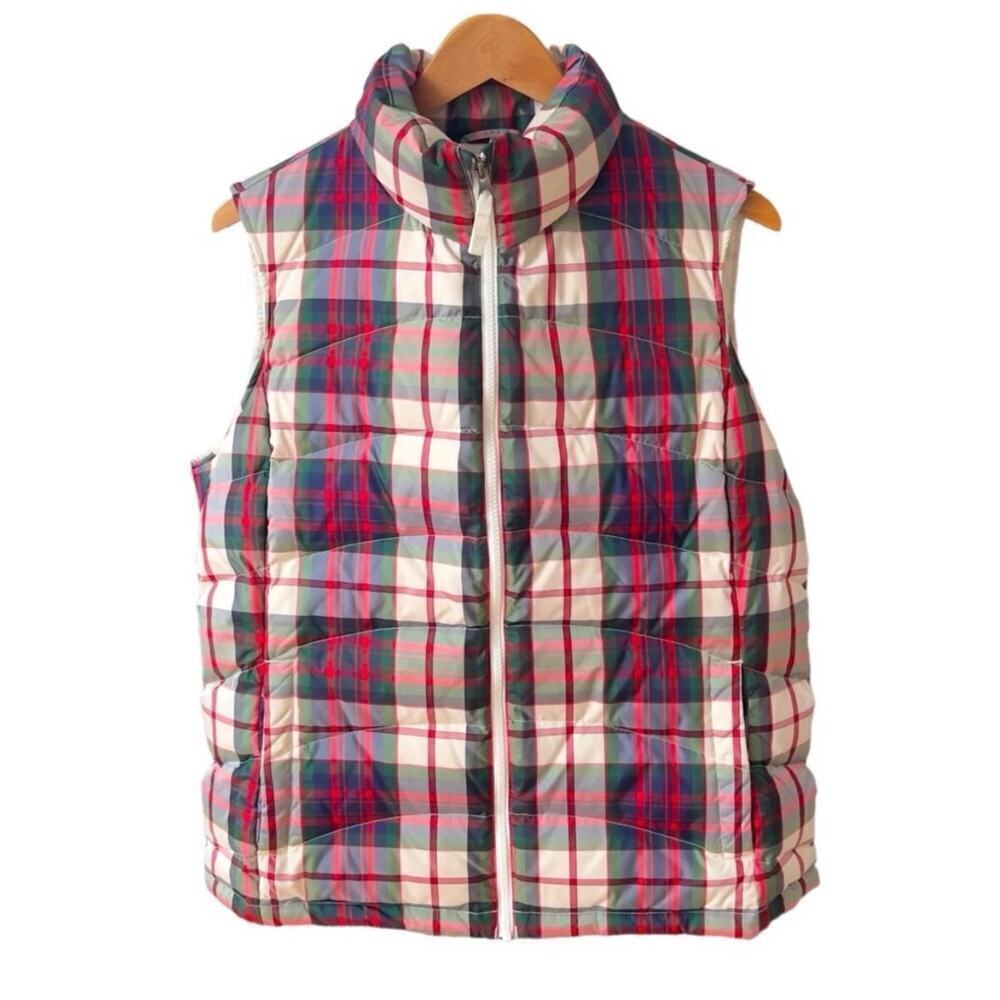 Lands' End Down Filled Quilted Puffer Vest Red Green Tartan Plaid Sz LP 14-16